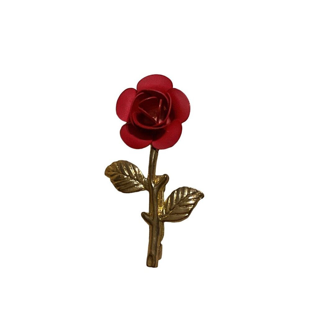 Vintage Gold & Red Rose Flower Brooch Pin